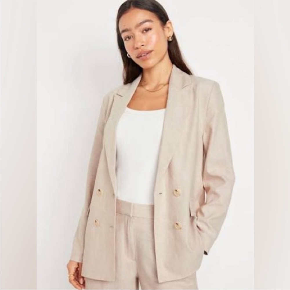 Old Navy Linen Blend Beige Tan Double Breasted Lightweight Blazer